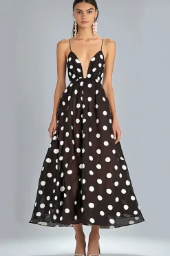 Vestido Verão Café Branco Dot Midi Alças Finas Chiffon