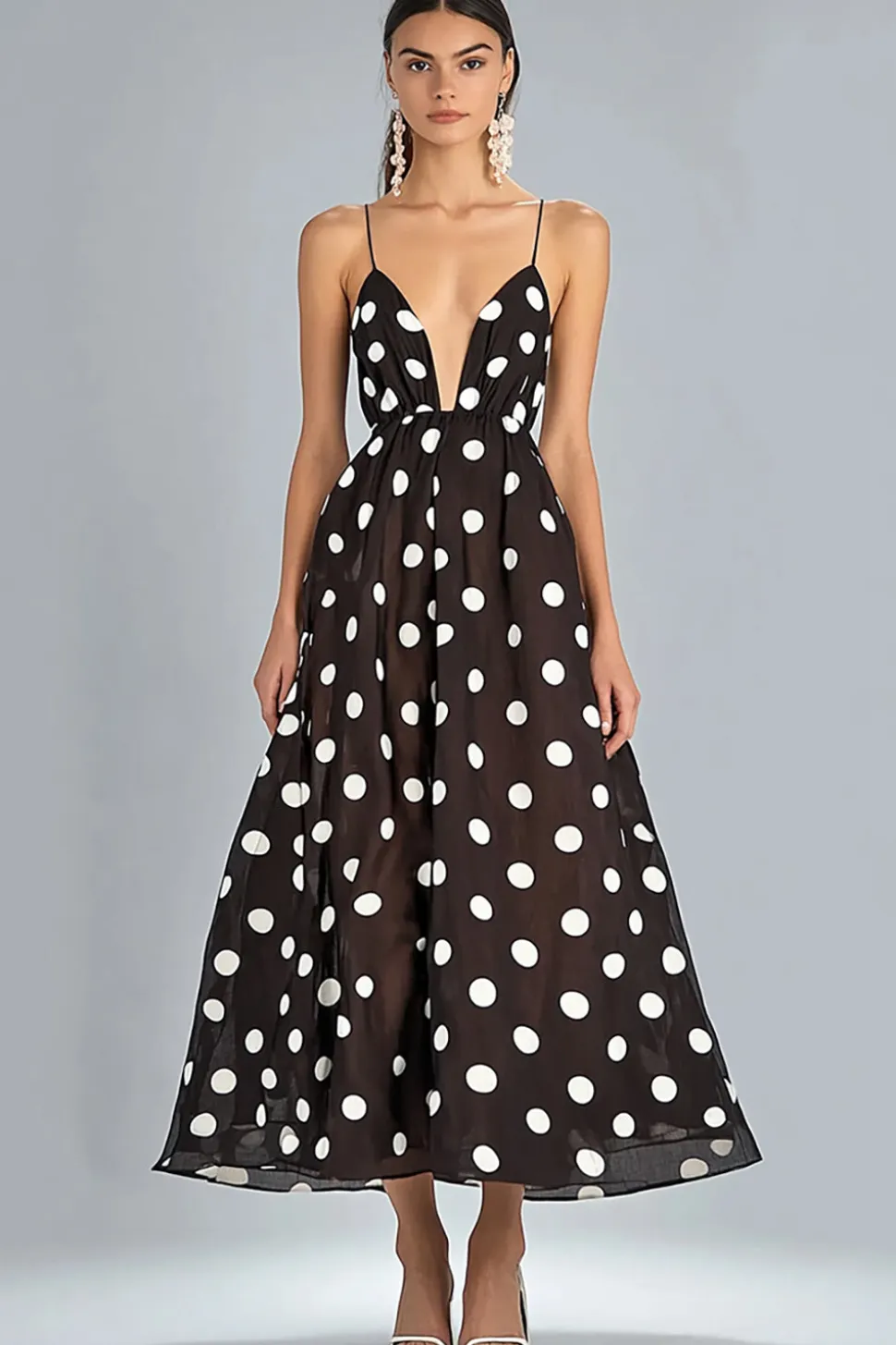 Vestido Verão Café Branco Dot Midi Alças Finas Chiffon