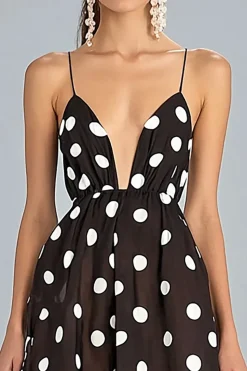 Vestido Verão Café Branco Dot Midi Alças Finas Chiffon