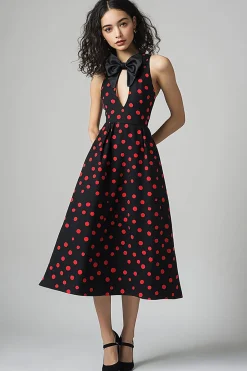 Vestido Verão com Arco Linha-A Midi Sem Mangas Ponto Vermelho Preto