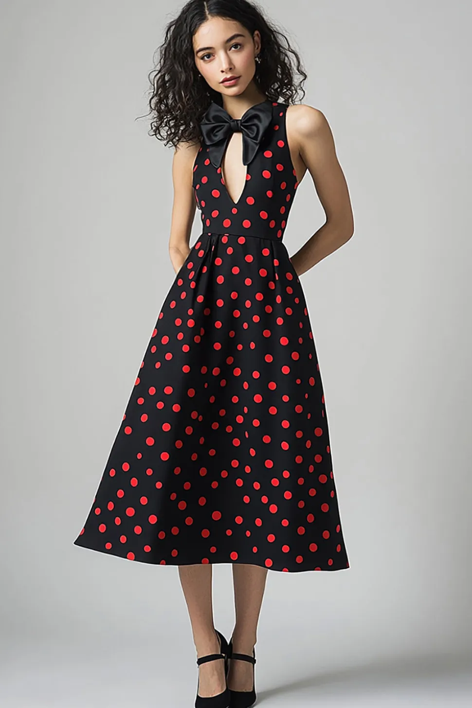 Vestido Verão com Arco Linha-A Midi Sem Mangas Ponto Vermelho Preto