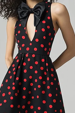 Vestido Verão com Arco Linha-A Midi Sem Mangas Ponto Vermelho Preto