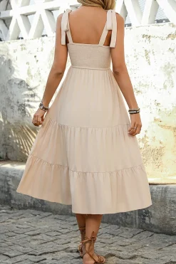 Vestido Verão com Arco Pescoço Quadrado Khaki Claro Midi Linha-A