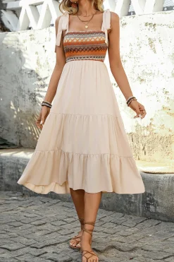 Vestido Verão com Arco Pescoço Quadrado Khaki Claro Midi Linha-A