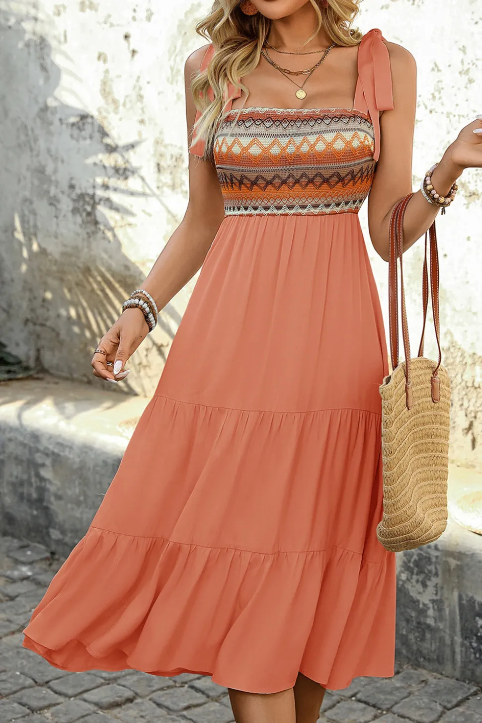 Vestido Verão com Arco Pescoço Quadrado Khaki Claro Midi Linha-A