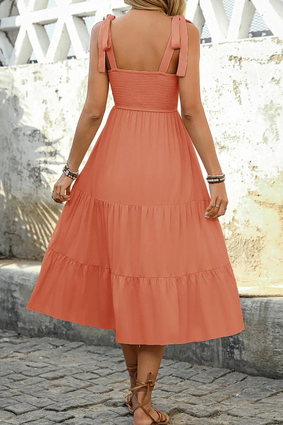 Vestido Verão com Arco Pescoço Quadrado Khaki Claro Midi Linha-A