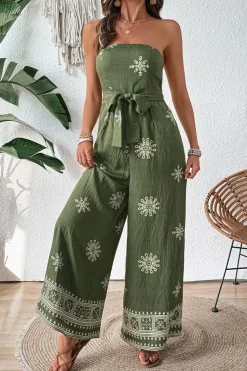 Vestido Verão com Faixa Verde Exército Macacão Estampado Sem Alças