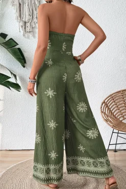 Vestido Verão com Faixa Verde Exército Macacão Estampado Sem Alças