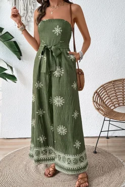 Vestido Verão com Faixa Verde Exército Macacão Estampado Sem Alças