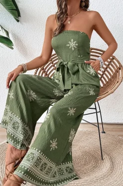 Vestido Verão com Faixa Verde Exército Macacão Estampado Sem Alças