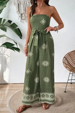 Vestido Verão com Faixa Verde Exército Macacão Estampado Sem Alças