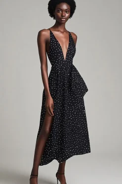 Vestido Verão com Fenda Decote em V Midi Linha-A Ponto Branco Preto