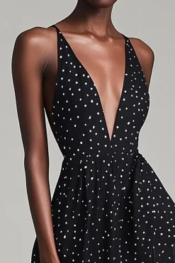 Vestido Verão com Fenda Decote em V Midi Linha-A Ponto Branco Preto