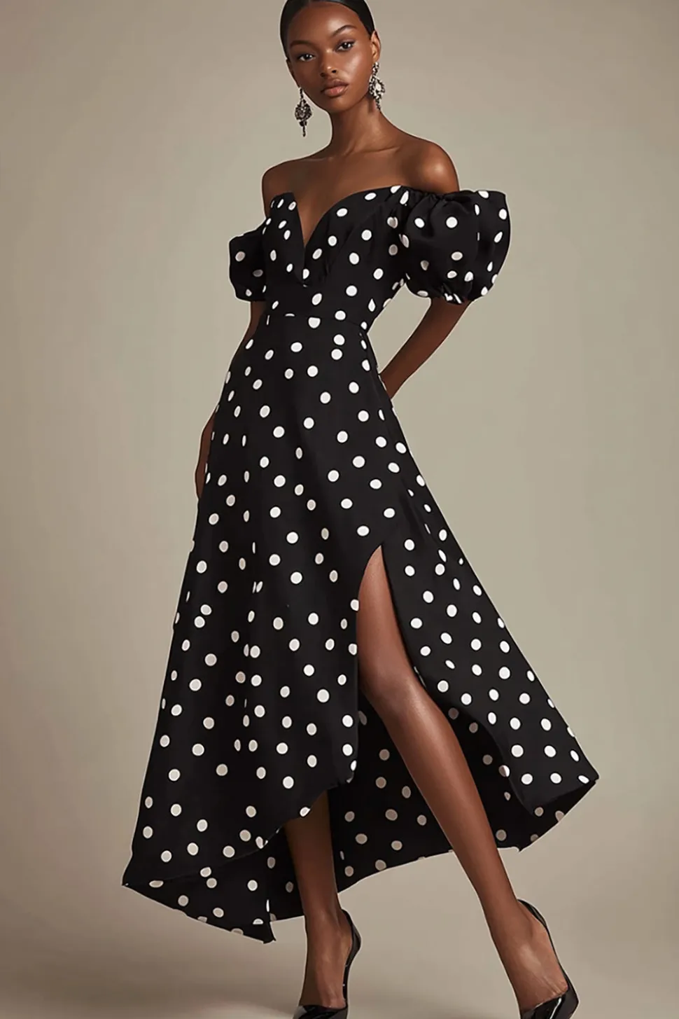 Vestido Verão com Fenda Fora do Ombro Linha-A Midi Ponto Branco Preto