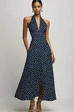 Vestido Verão com Fenda Linha-A Cabeçada Longo Ponto Branco Marinha