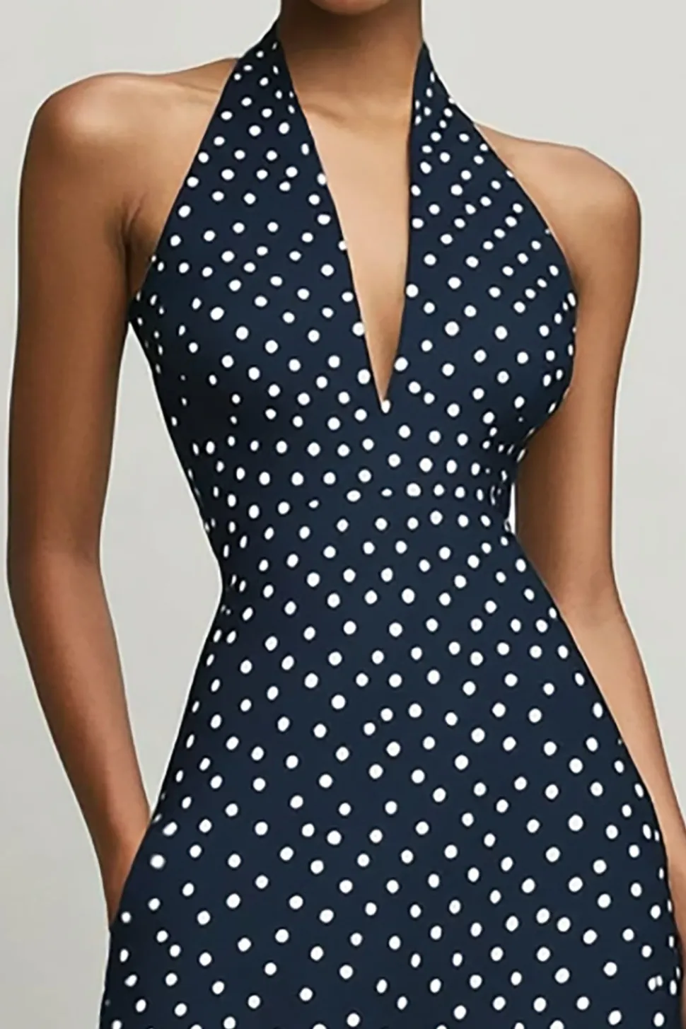 Vestido Verão com Fenda Linha-A Cabeçada Longo Ponto Branco Marinha