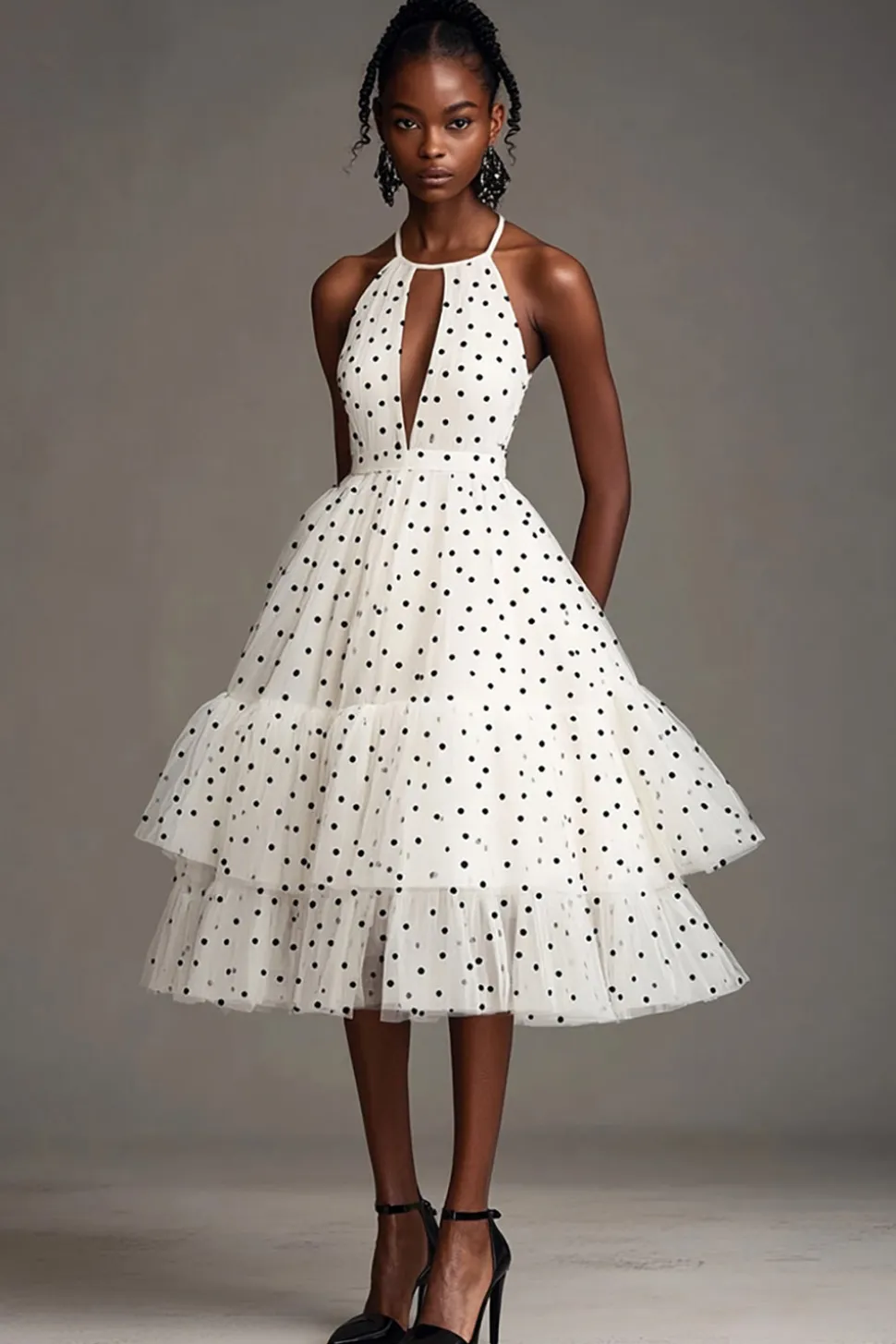 Vestido Verão Curto/Mini Ponto Preto Branco Linha-A Cabeçada