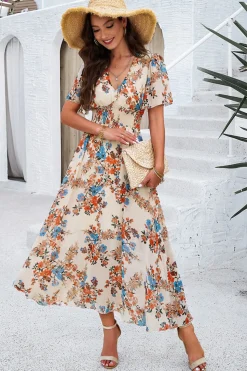 Vestido Verão Damasco Decote em V Linha-A Longo Floral