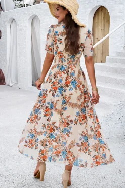 Vestido Verão Damasco Decote em V Linha-A Longo Floral
