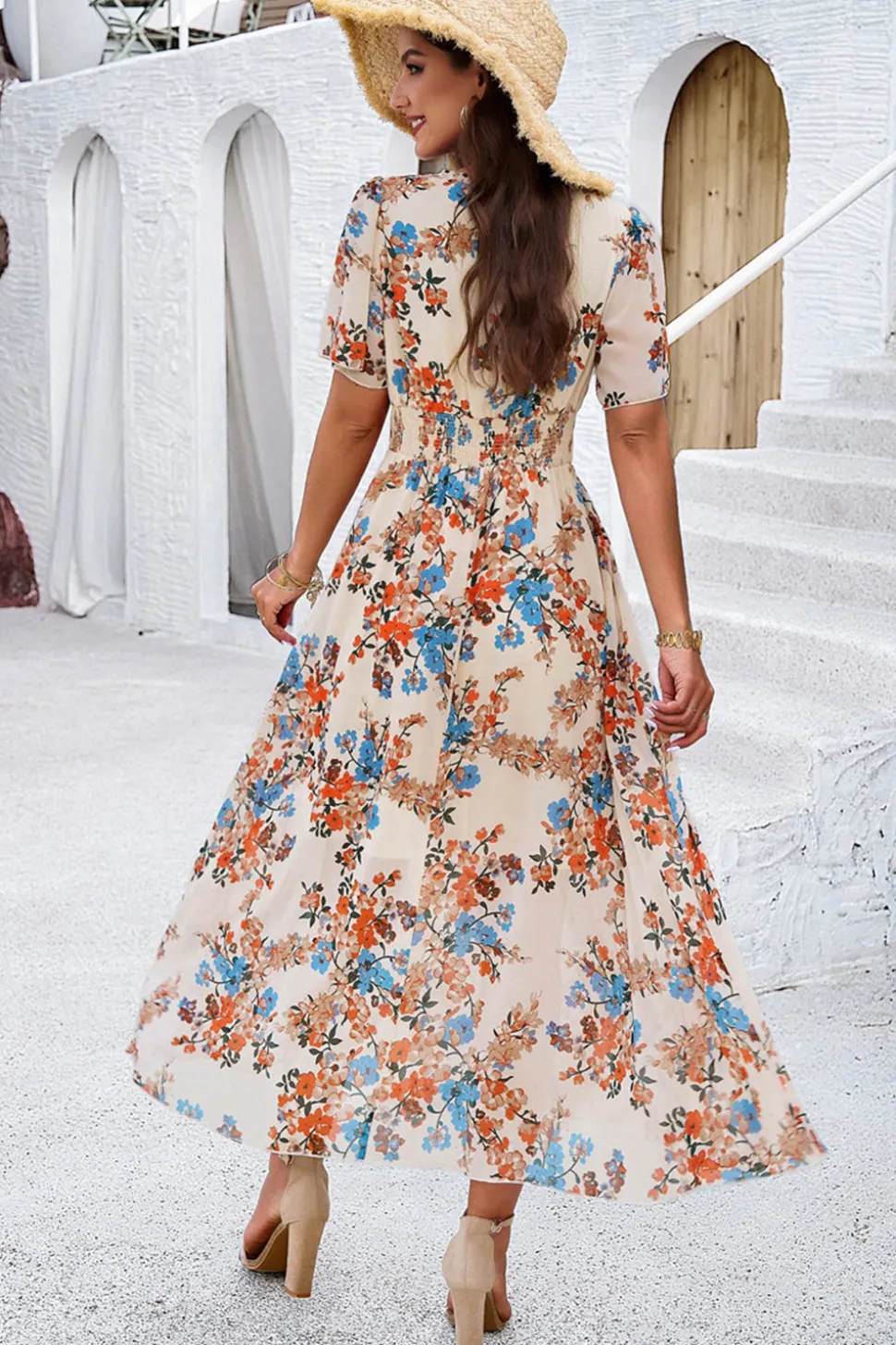 Vestido Verão Damasco Decote em V Linha-A Longo Floral