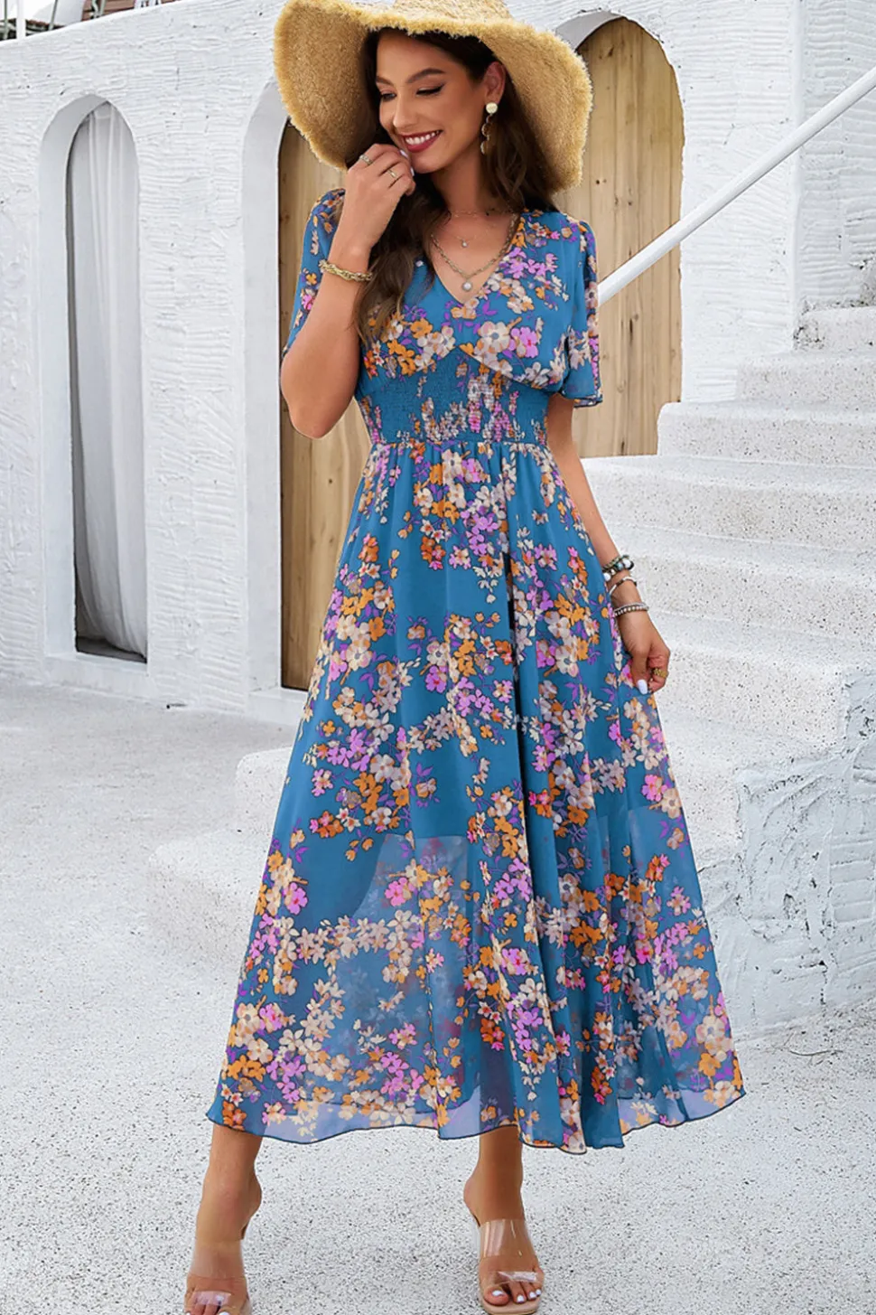 Vestido Verão Damasco Decote em V Linha-A Longo Floral