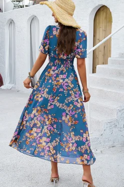 Vestido Verão Damasco Decote em V Linha-A Longo Floral