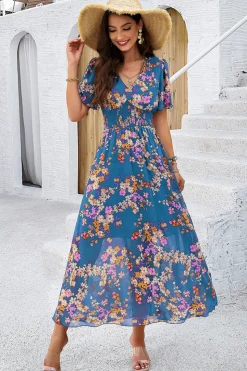 Vestido Verão Damasco Decote em V Linha-A Longo Floral