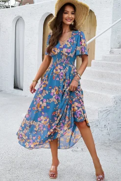 Vestido Verão Damasco Decote em V Linha-A Longo Floral