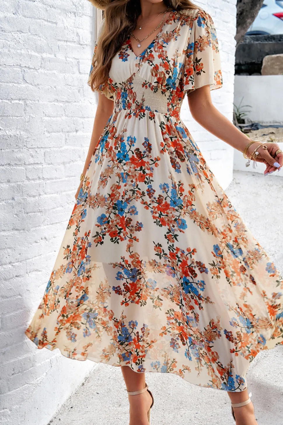 Vestido Verão Damasco Decote em V Linha-A Longo Floral