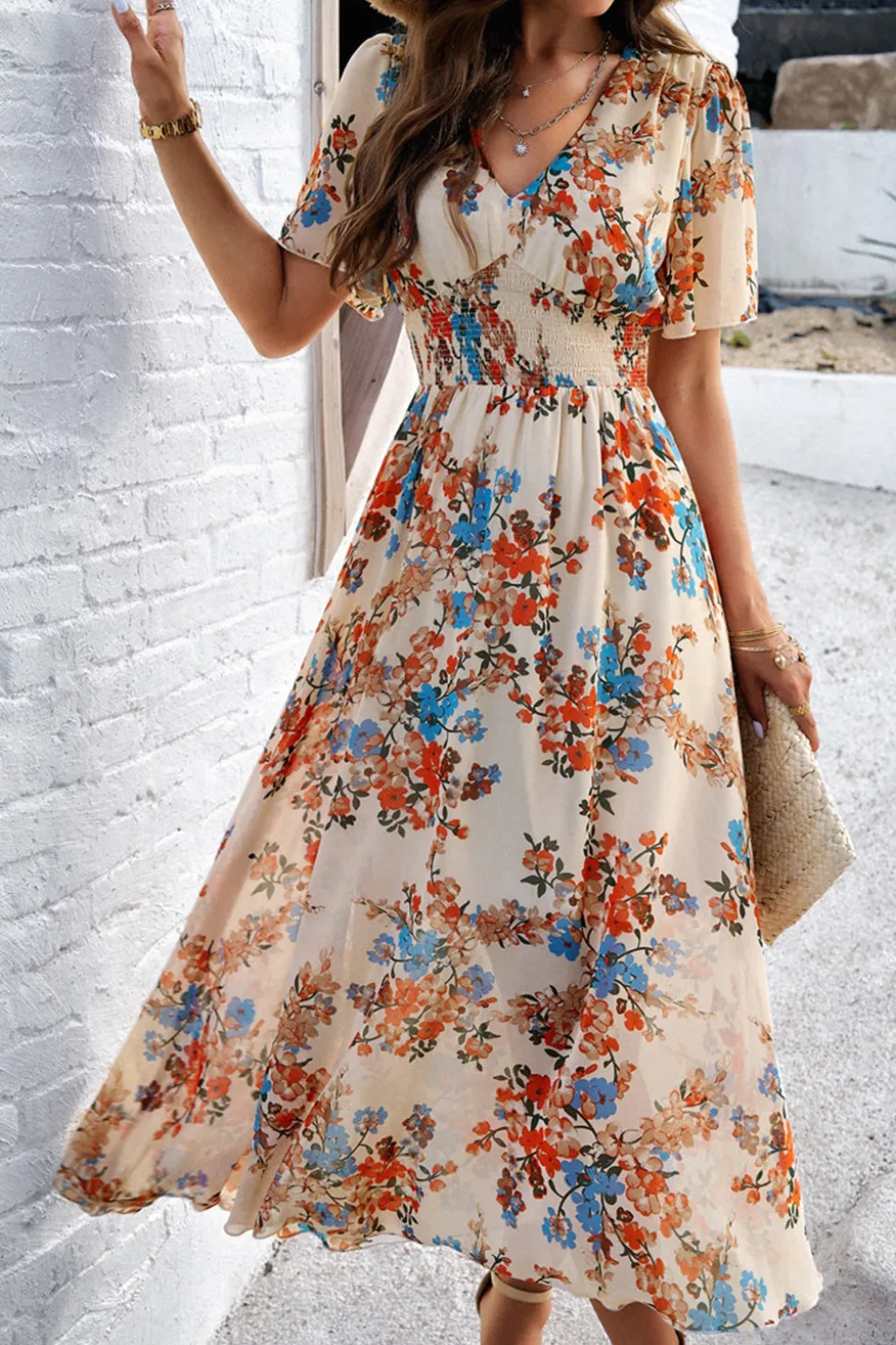 Vestido Verão Damasco Decote em V Linha-A Longo Floral