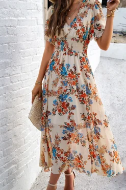 Vestido Verão Damasco Decote em V Linha-A Longo Floral