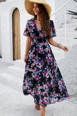 Vestido Verão Damasco Decote em V Linha-A Longo Floral