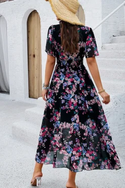 Vestido Verão Damasco Decote em V Linha-A Longo Floral