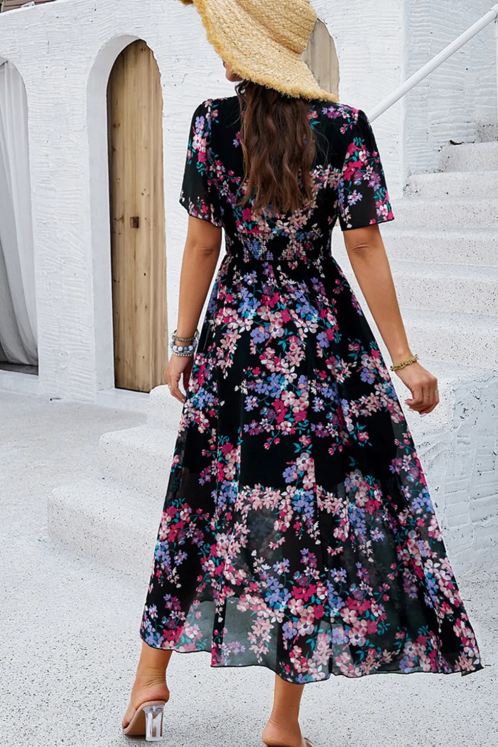 Vestido Verão Damasco Decote em V Linha-A Longo Floral