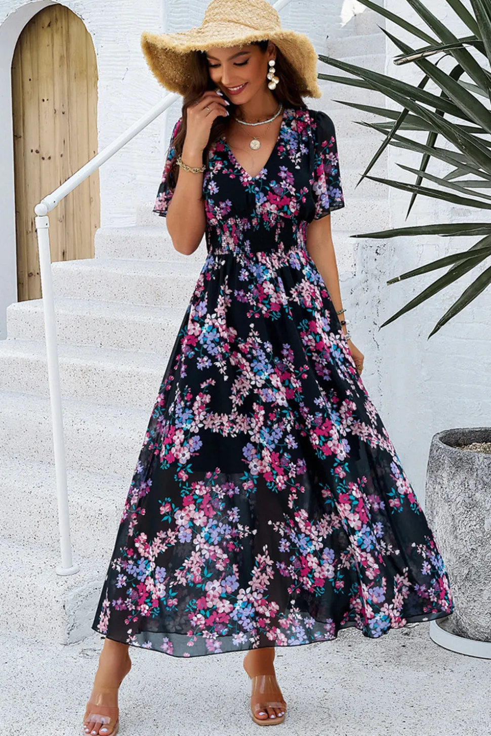 Vestido Verão Damasco Decote em V Linha-A Longo Floral