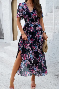 Vestido Verão Damasco Decote em V Linha-A Longo Floral