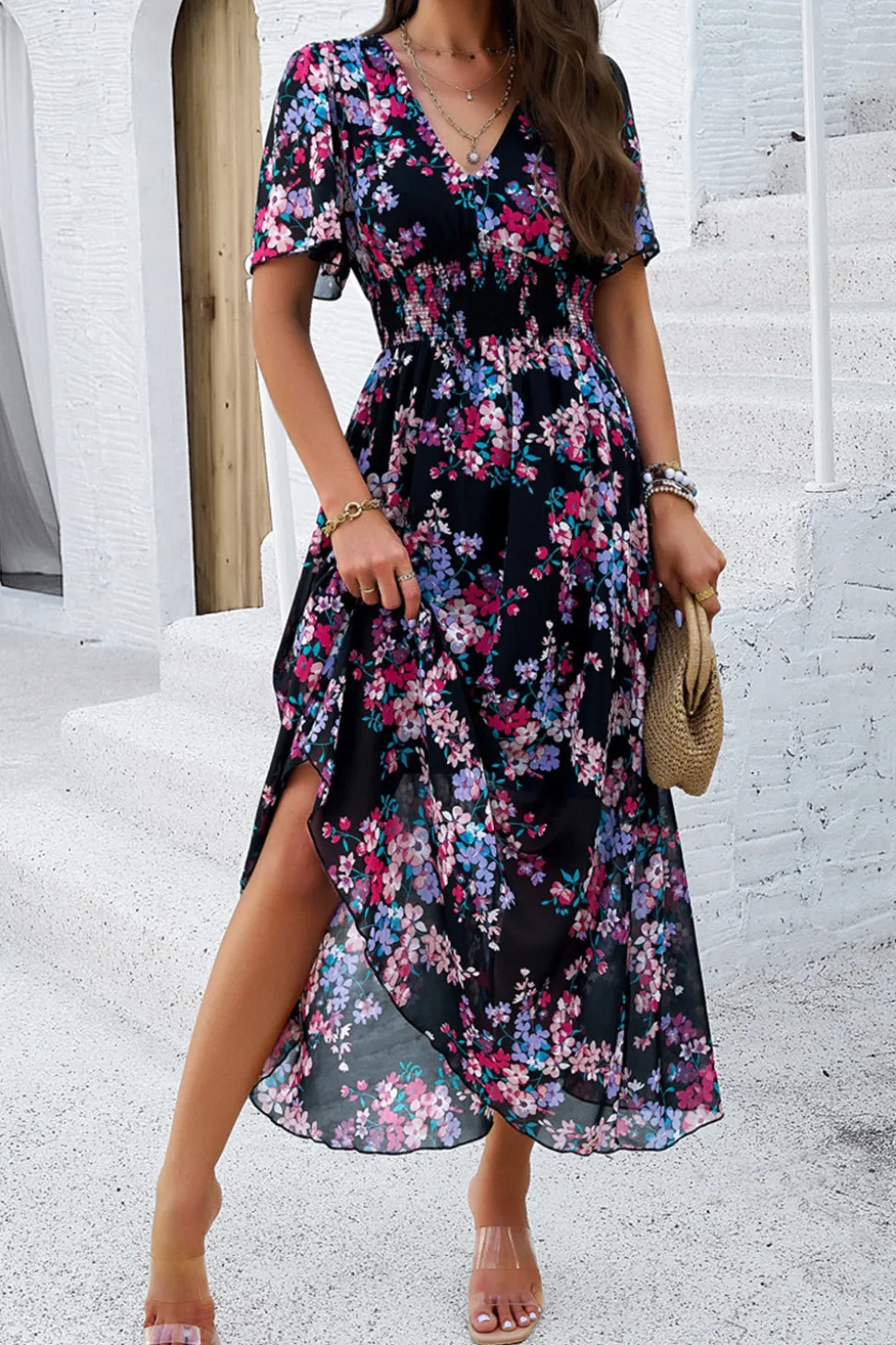 Vestido Verão Damasco Decote em V Linha-A Longo Floral