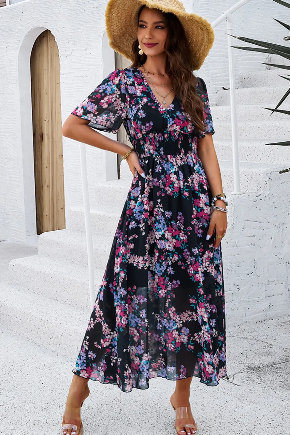 Vestido Verão Damasco Decote em V Linha-A Longo Floral