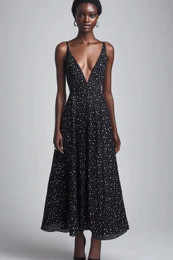 Vestido Verão Decote em V Ponto Branco Preto Longo Linha-A