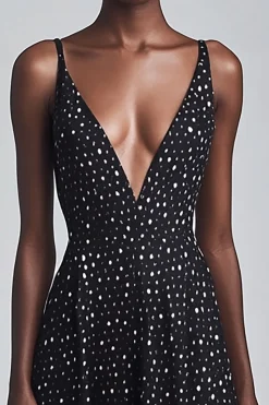Vestido Verão Decote em V Ponto Branco Preto Longo Linha-A