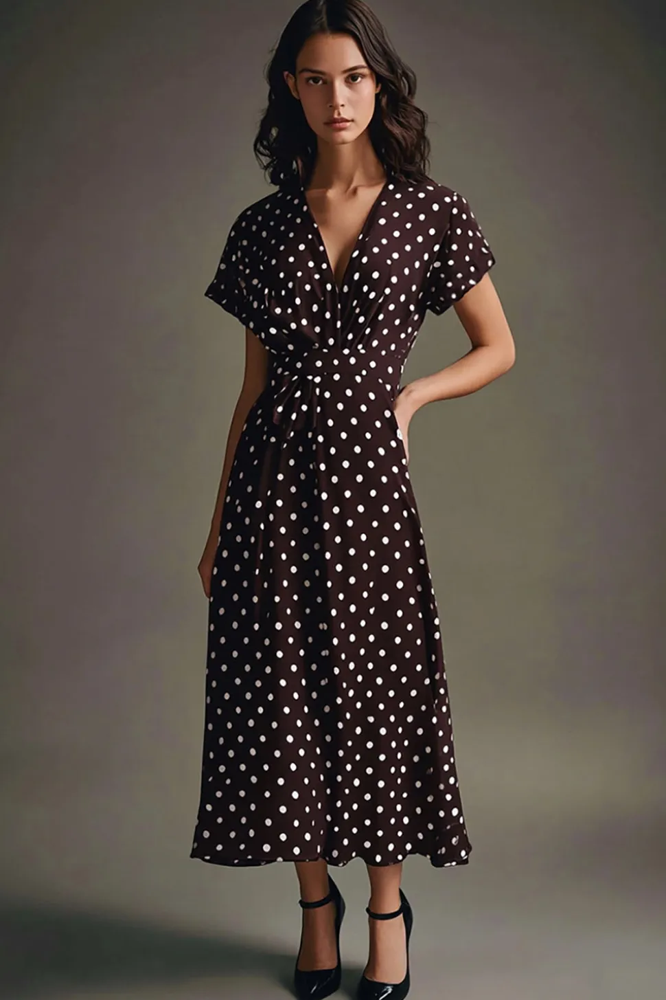 Vestido Verão Decote em V Mangas Curtas Café Branco Dot