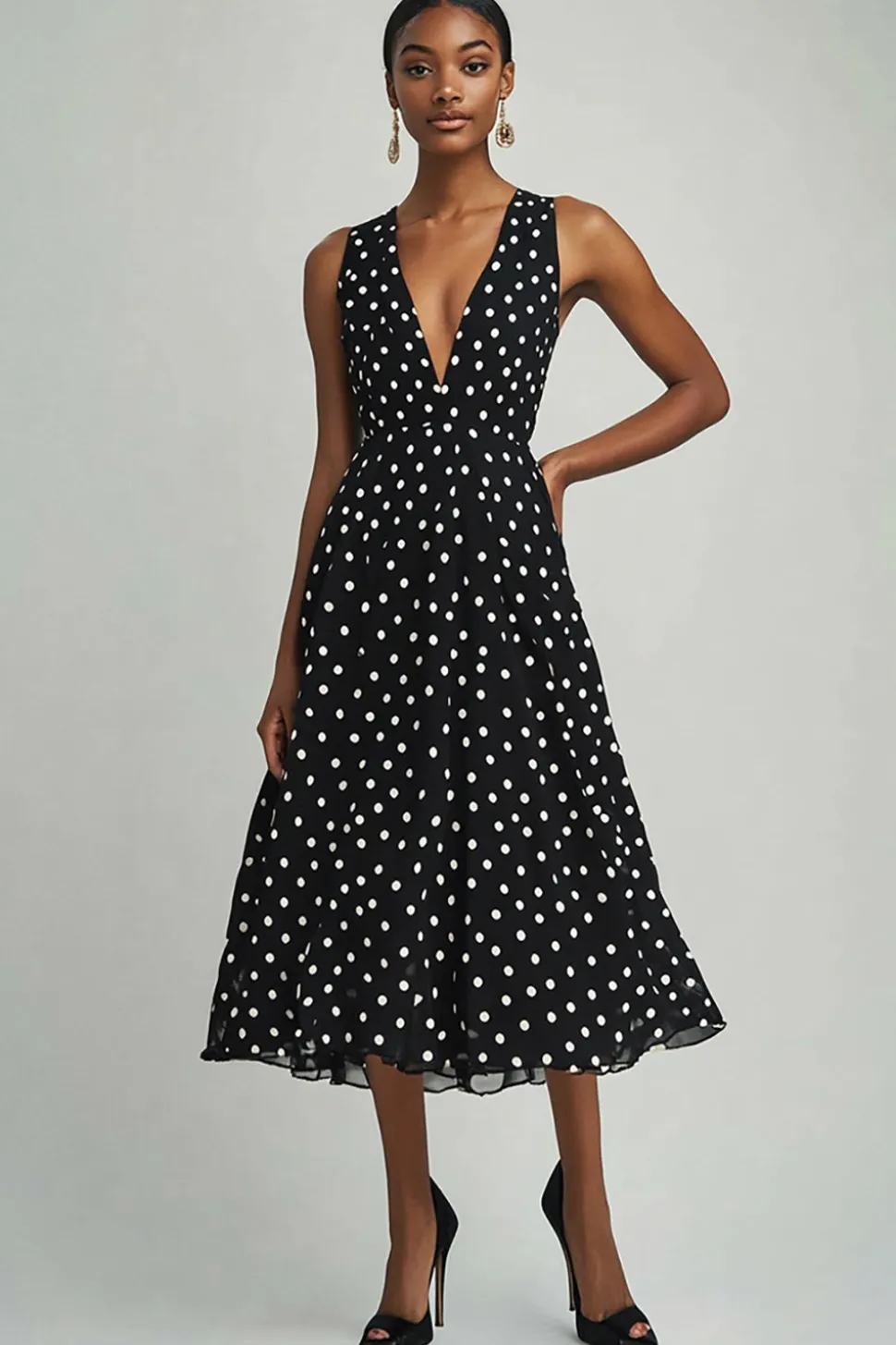 Vestido Verão Decote em V Linha-A Chiffon Midi Ponto Branco Preto