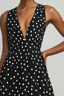 Vestido Verão Decote em V Linha-A Chiffon Midi Ponto Branco Preto