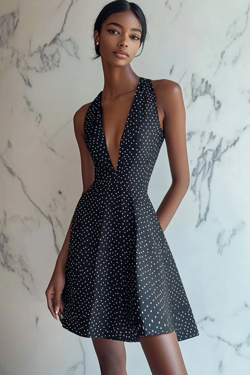 Vestido Verão Decote em V Curto/Mini Ponto Branco Preto Sem Mangas