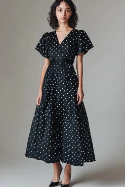 Vestido Verão Decote em V Longo Ponto Branco Preto Linha-A