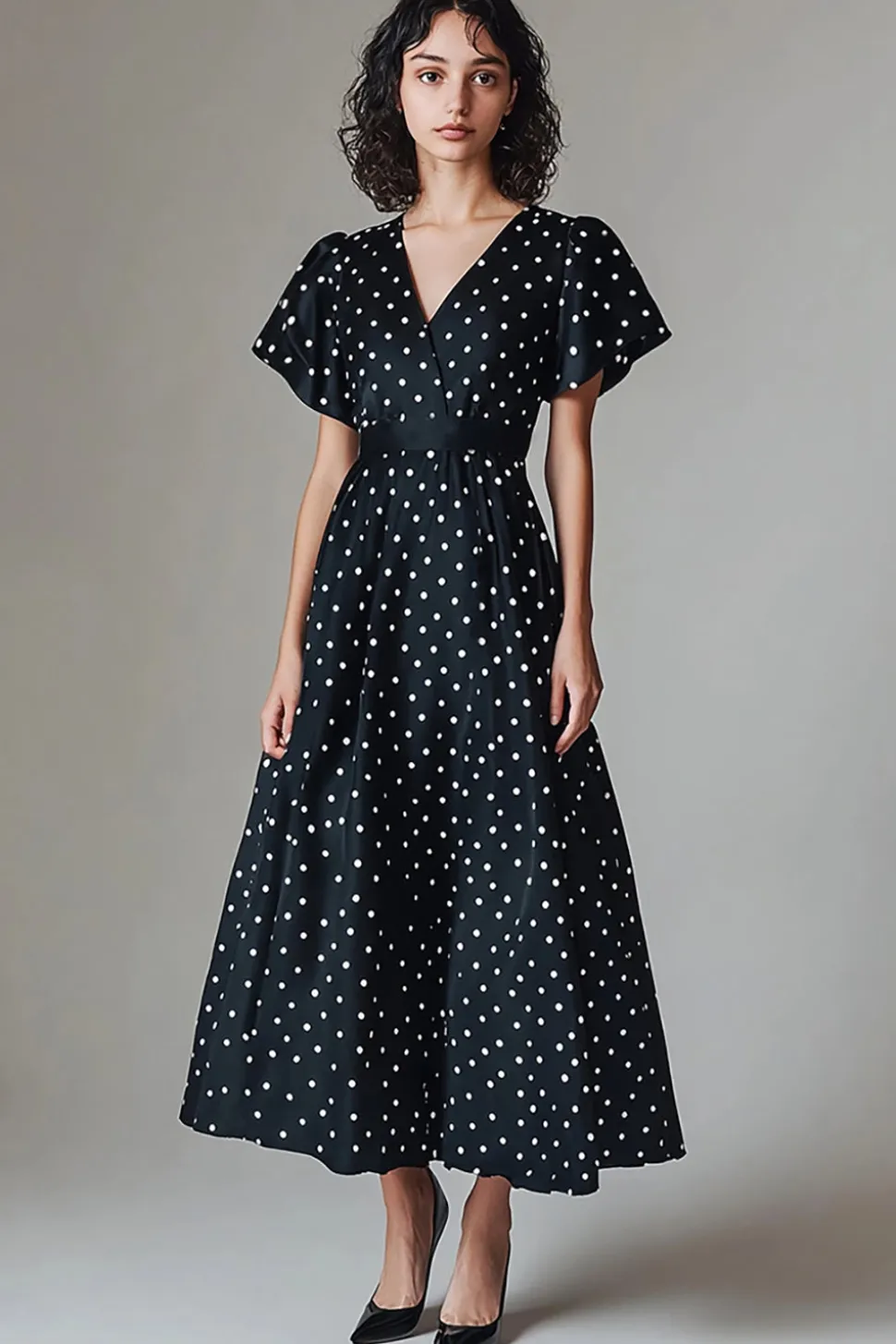 Vestido Verão Decote em V Longo Ponto Branco Preto Linha-A