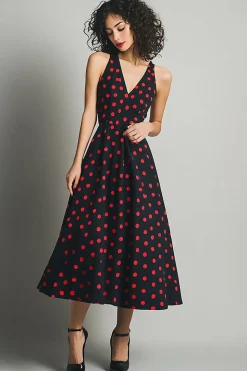 Vestido Verão Decote em V Midi Linha-A Ponto Vermelho Preto