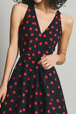 Vestido Verão Decote em V Midi Linha-A Ponto Vermelho Preto