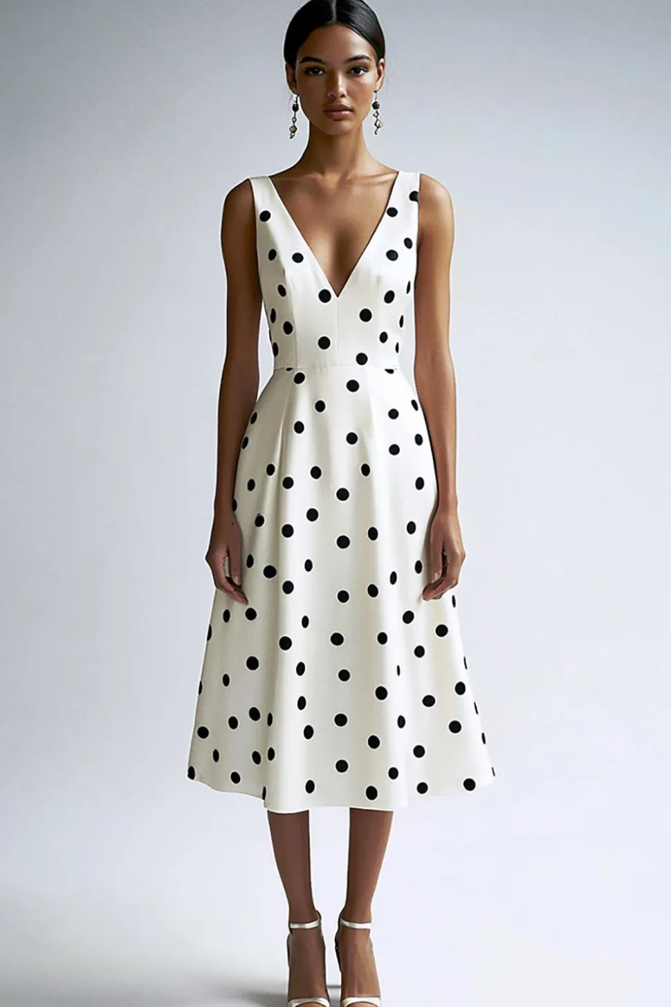 Vestido Verão Decote em V Linha-A Midi Ponto Preto Branco