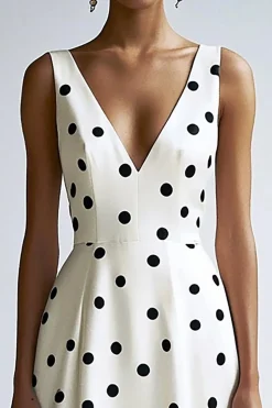 Vestido Verão Decote em V Linha-A Midi Ponto Preto Branco